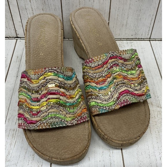 Grazie Womans Size 10 Cork Sandals Slide On Multicolor Strap - Picture 2 of 13